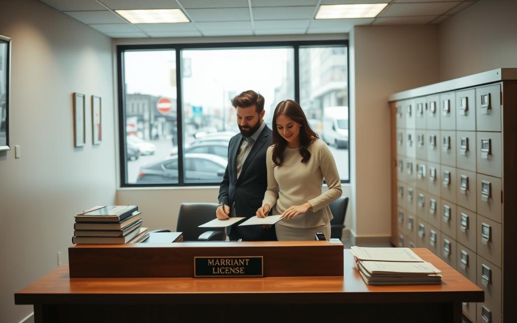 A Neatly Organized Office Interior, With A Government Clerk'S Desk Prominently Displayed. The Desk Is Adorned With A Nameplate And Various Official-Looking Documents. The Lighting Is Soft And Diffused, Creating A Sense Of Tranquility. In The Middle Ground, A Couple Stands Before The Clerk, Solemnly Signing A Marriage License, Their Expressions Reflecting The Gravity And Joy Of The Moment. The Background Features A Wall Of Filing Cabinets And A Large Window, Offering A Glimpse Of A Bustling City Street Outside, Underscoring The Legal And Civic Significance Of The Marriage License Process. A Neatly Organized Office Interior, With A Government Clerk'S Desk Prominently Displayed. The Desk Is Adorned With A Nameplate And Various Official-Looking Documents. The Lighting Is Soft And Diffused, Creating A Sense Of Tranquility. In The Middle Ground, A Couple Stands Before The Clerk, Solemnly Signing A Marriage License, Their Expressions Reflecting The Gravity And Joy Of The Moment. The Background Features A Wall Of Filing Cabinets And A Large Window, Offering A Glimpse Of A Bustling City Street Outside, Underscoring The Legal And Civic Significance Of The Marriage License Process.