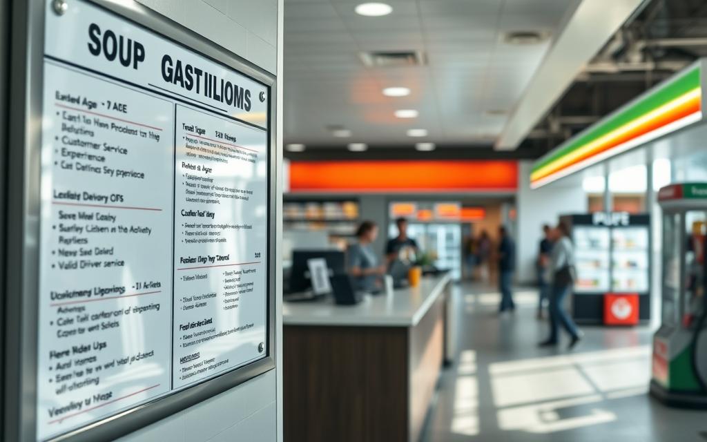 A Well-Lit, Photorealistic Scene Of A Gas Station'S Job Qualifications Display. In The Foreground, A Clean, Organized Bulletin Board Showcases Various Neatly Typed And Framed Job Requirements, Including Age Minimums, High School Diploma, Customer Service Experience, And A Valid Driver'S License. The Middle Ground Features A Counter With A Helpful Employee Available To Answer Questions. In The Background, The Gas Station'S Modern, Brightly Lit Interior Is Visible, With Customers Casually Browsing The Convenience Store Shelves. The Overall Atmosphere Conveys A Professional, Welcoming, And Informative Environment For Prospective Gas Station Employees.