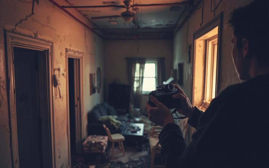 A Dimly Lit Apartment Interior, With Peeling Paint, Cracked Walls, And Exposed Wiring. In The Foreground, A Tenant Carefully Documents The Hazardous Conditions, Taking Photographs With A Vintage-Style Camera. Soft, Warm Lighting Casts Dramatic Shadows, Emphasizing The Deterioration. The Middle Ground Features A Cluttered Living Space, With Furniture In Disrepair. In The Background, A Window Barely Lets In Natural Light, Hinting At The Poor Living Conditions. The Overall Atmosphere Conveys A Sense Of Neglect And The Tenant'S Determination To Gather Evidence For A Potential Lawsuit Against The Landlord. A Dimly Lit Apartment Interior, With Peeling Paint, Cracked Walls, And Exposed Wiring. In The Foreground, A Tenant Carefully Documents The Hazardous Conditions, Taking Photographs With A Vintage-Style Camera. Soft, Warm Lighting Casts Dramatic Shadows, Emphasizing The Deterioration. The Middle Ground Features A Cluttered Living Space, With Furniture In Disrepair. In The Background, A Window Barely Lets In Natural Light, Hinting At The Poor Living Conditions. The Overall Atmosphere Conveys A Sense Of Neglect And The Tenant'S Determination To Gather Evidence For A Potential Lawsuit Against The Landlord.