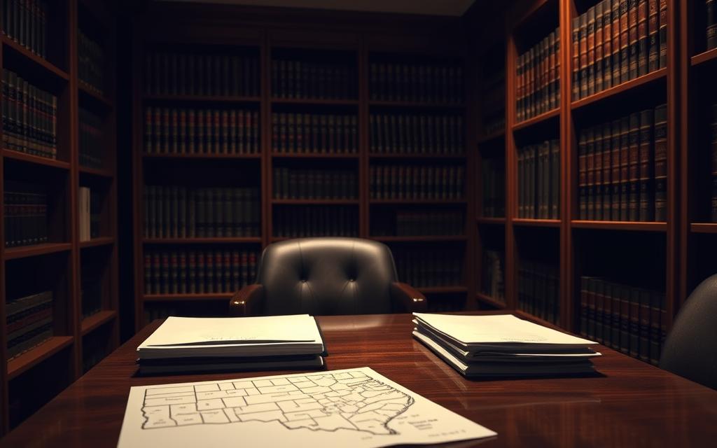 A Dimly Lit Office Interior With A Wooden Desk And Shelves Filled With Law Books. On The Desk, A State Map And A Stack Of Legal Documents, Subtly Indicating The Focus On State-Specific Rental Regulations. The Lighting Is Warm And Directional, Creating Shadows That Add Depth And A Sense Of Seriousness To The Scene. The Camera Angle Is Slightly Elevated, Giving A Sense Of Authority And Professionalism. The Overall Mood Is Contemplative, With A Focus On The Complexities Of Navigating The Legal Landscape Surrounding Tenant Rights And Landlord Responsibilities. A Dimly Lit Office Interior With A Wooden Desk And Shelves Filled With Law Books. On The Desk, A State Map And A Stack Of Legal Documents, Subtly Indicating The Focus On State-Specific Rental Regulations. The Lighting Is Warm And Directional, Creating Shadows That Add Depth And A Sense Of Seriousness To The Scene. The Camera Angle Is Slightly Elevated, Giving A Sense Of Authority And Professionalism. The Overall Mood Is Contemplative, With A Focus On The Complexities Of Navigating The Legal Landscape Surrounding Tenant Rights And Landlord Responsibilities.