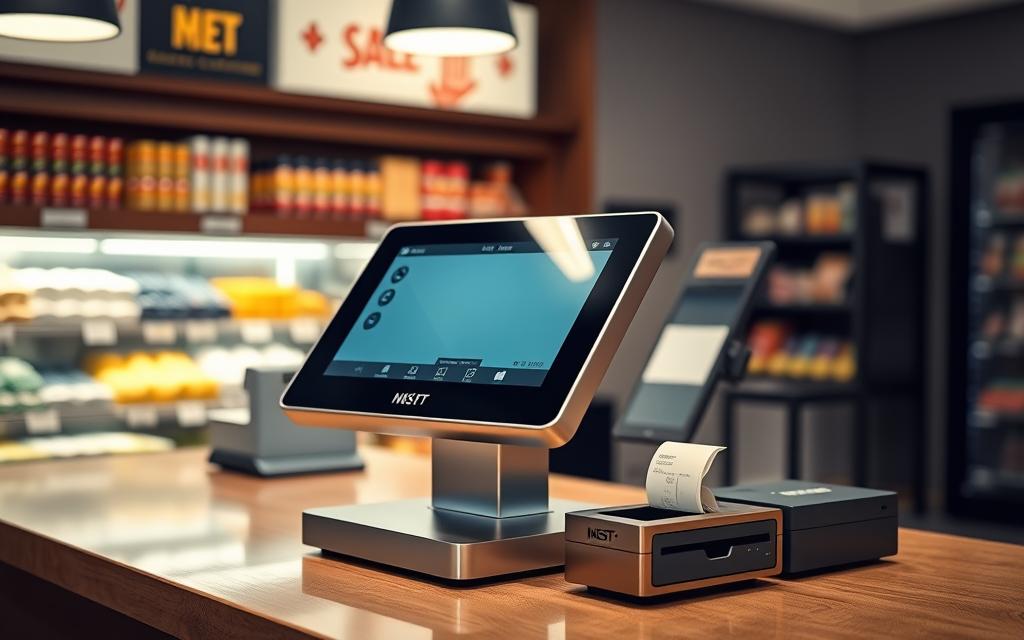 A Well-Lit Convenience Store Counter, Showcasing A Modern Point-Of-Sale System. The Brushed Metal And Glass Display Blend Seamlessly, With A Sleek Touchscreen Interface And Integrated Payment Terminals. The Register'S Ergonomic Design Facilitates Efficient Transactions, While A Small Receipt Printer And Cash Drawer Complete The Setup. Subtle Lighting Emanates From Beneath The Counter, Creating A Warm, Welcoming Ambiance. The Background Features Store Shelves Stocked With Neatly Arranged Products, Conveying A Sense Of Organization And Professionalism. The Scene Is Captured From A Slightly Elevated Angle, Highlighting The System'S User-Friendly Layout And Intuitive Controls.