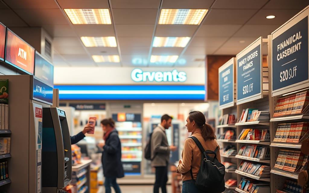 A Well-Lit Convenience Store Interior, With The Front Counter And Shelves In The Foreground. Various Financial Services And Options Displayed Prominently, Such As Atm, Money Orders, Bill Payment, And Financing Information. The Middle Ground Shows Customers Reviewing Their Options, While The Background Features The Store'S Facade And Signage. The Lighting Is Warm And Inviting, Creating A Pleasant And Professional Atmosphere. The Overall Composition Suggests A Modern, Reliable, And Accessible Financial Service Hub Within The Convenience Store Setting.