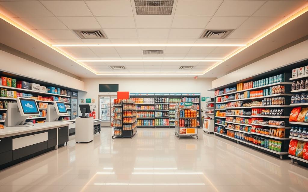 An Efficient Convenience Store Layout, Showcasing A Clean, Well-Lit Interior With An Optimized Product Mix. The Foreground Features A Spacious Checkout Counter, Neatly Organized With Digital Displays, Cash Registers, And Visible Snacks And Beverages. The Middle Ground Highlights Strategically Placed Shelving Units, Stocked With A Variety Of High-Demand Items, While The Background Reveals A Sleek, Minimalist Design With Subtle Accent Lighting That Creates A Welcoming Ambiance. The Scene Conveys A Sense Of Order, Accessibility, And Customer-Centric Optimization, Captured Through A Wide-Angle Lens That Provides A Comprehensive View Of The Store'S Layout.