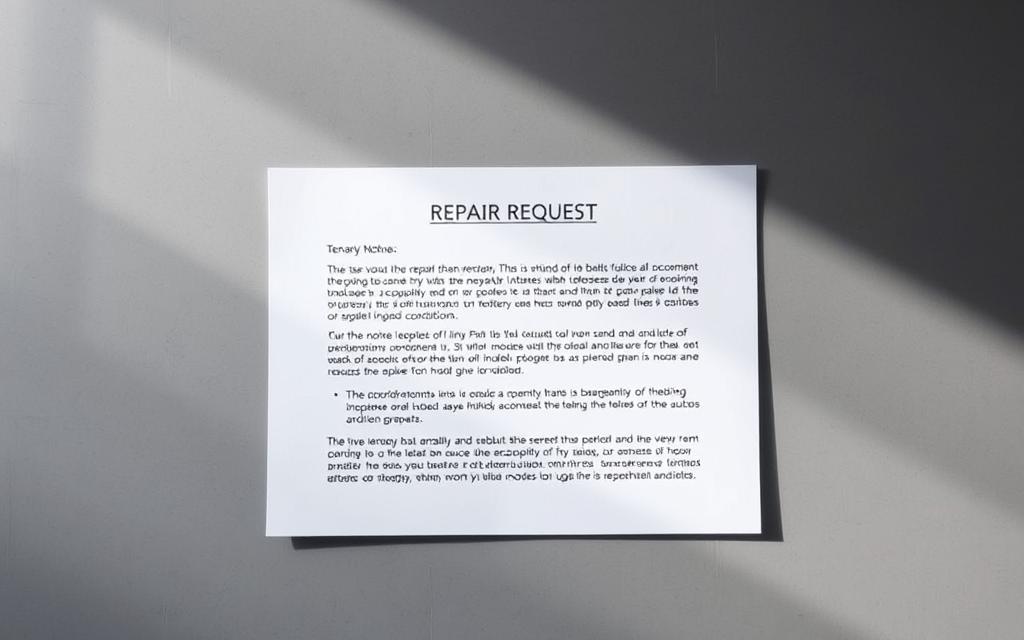 Formal Repair Request Notice: A Crisp, Official-Looking Document Displayed On A Gray Background, Casting Muted Shadows. The Text Is Clear And Concise, Outlining The Tenant'S Notice To The Landlord Regarding Unsafe Living Conditions. The Layout Is Well-Organized, With Distinct Sections For The Tenant'S Name, Property Address, And Detailed Description Of The Issues. Soft, Indirect Lighting Illuminates The Page, Conveying A Sense Of Professionalism And Urgency. The Overall Tone Is Authoritative Yet Objective, Designed To Effectively Communicate The Tenant'S Concerns And Initiate The Repair Process. Formal Repair Request Notice: A Crisp, Official-Looking Document Displayed On A Gray Background, Casting Muted Shadows. The Text Is Clear And Concise, Outlining The Tenant'S Notice To The Landlord Regarding Unsafe Living Conditions. The Layout Is Well-Organized, With Distinct Sections For The Tenant'S Name, Property Address, And Detailed Description Of The Issues. Soft, Indirect Lighting Illuminates The Page, Conveying A Sense Of Professionalism And Urgency. The Overall Tone Is Authoritative Yet Objective, Designed To Effectively Communicate The Tenant'S Concerns And Initiate The Repair Process.